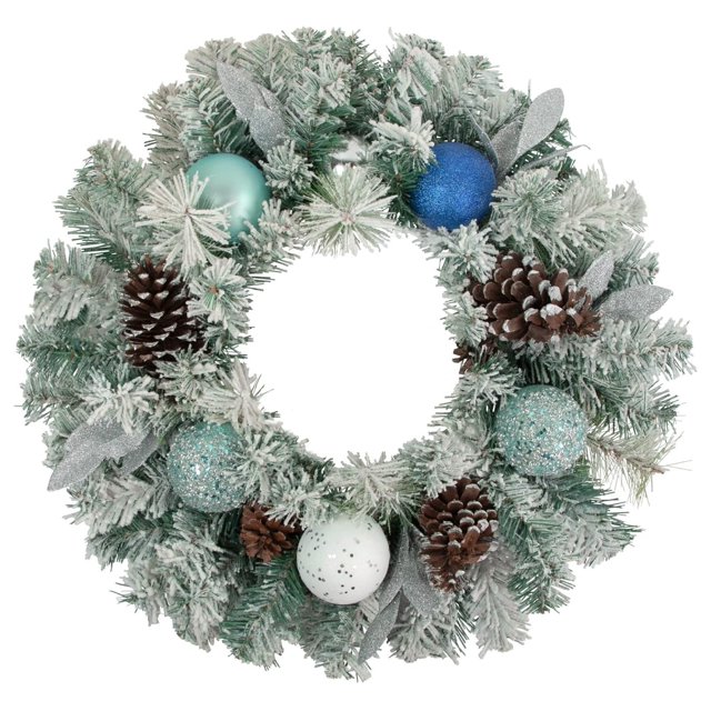 Teal and Silver Flocked with Pine Cones Artificial Christmas Wreath