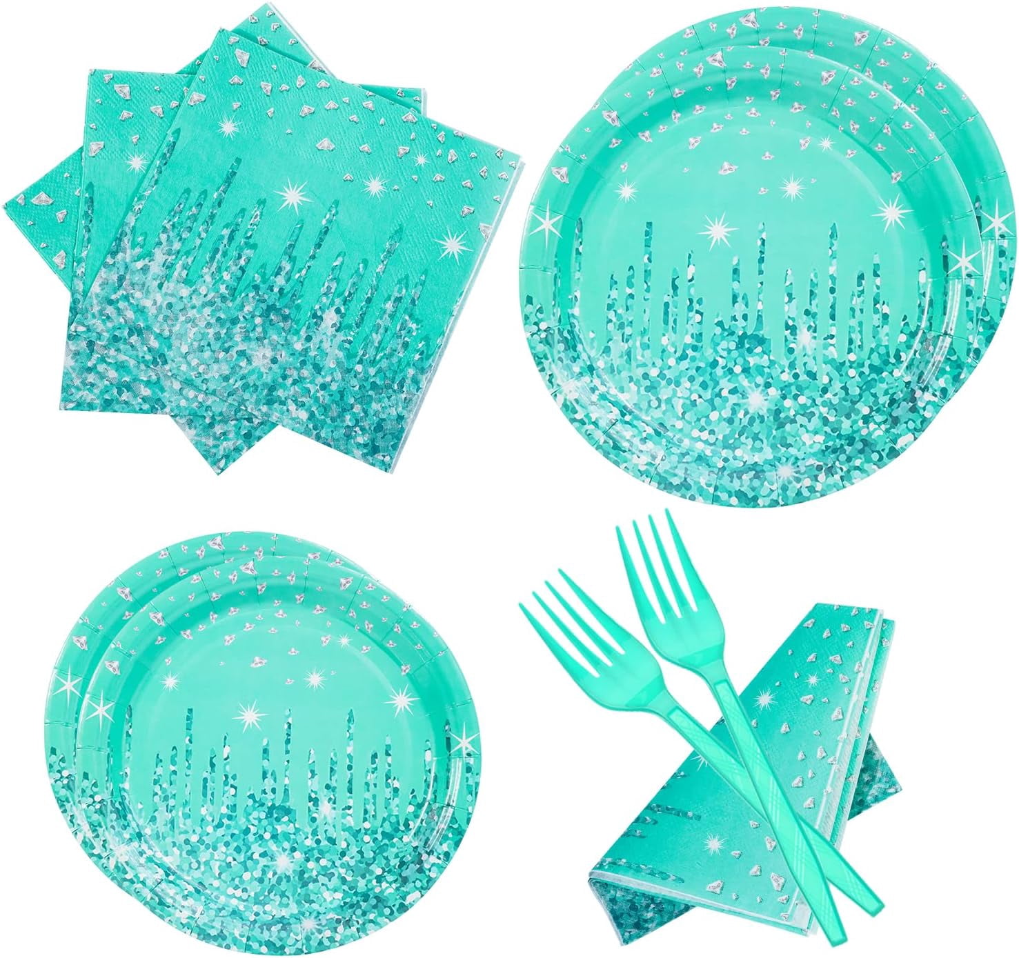 Teal and Silver Party Supplies 25Piece Disposable Set, Happy