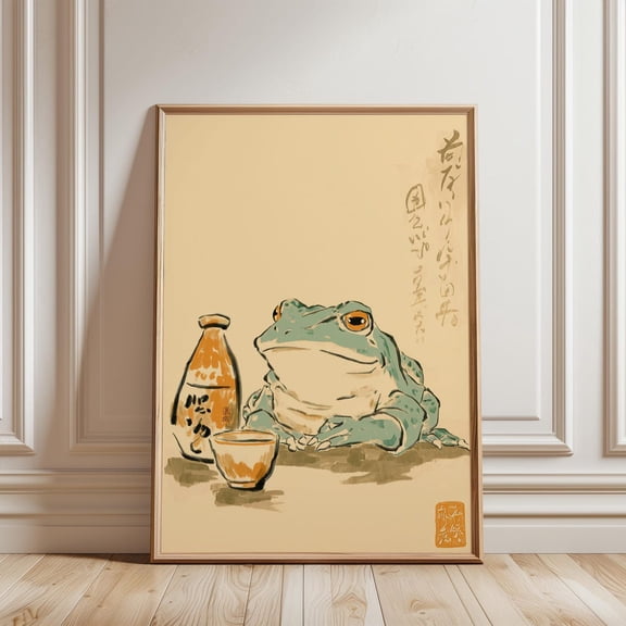 Teal and Tan Frog Sake Bar Japanese Ink Illustration Animal Home Decor Unframed Paper Print