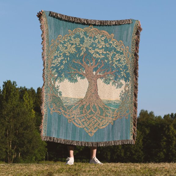 Teal and Tan Tree of Life Celtic Knot Woven Blanket, 100% Cotton, Botanical Style for Living Room Decor