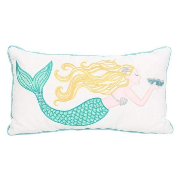 Teal and White Mermaid Accent Throw Pillow Embroidered 16 Inches
