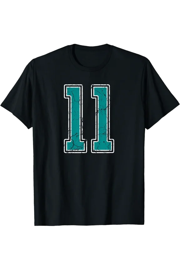 Teal and White Number 11 Player Uniform #11 Fan T-Shirt