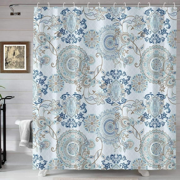 Teal and White Shower Curtain, Watercolor Floral Bathroom Curtain Light Blue Paisley Design Shower Curtains Aqua 72×72 inches