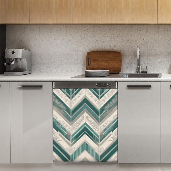 Teal chevron ornate pattern design Dishwasher Magnet Cover Decorative Sticker for Home Cabinet Kitchen 23" x26"