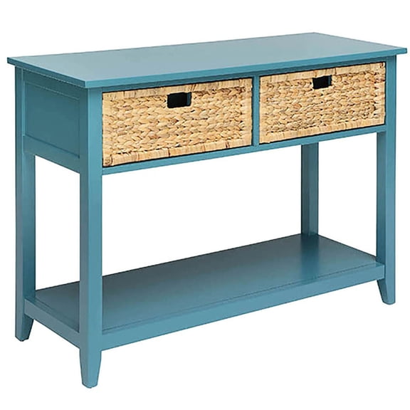 Teal rectangular console table with 2 drawers and bottom shelf for ample storage in entryways living rooms or hallways