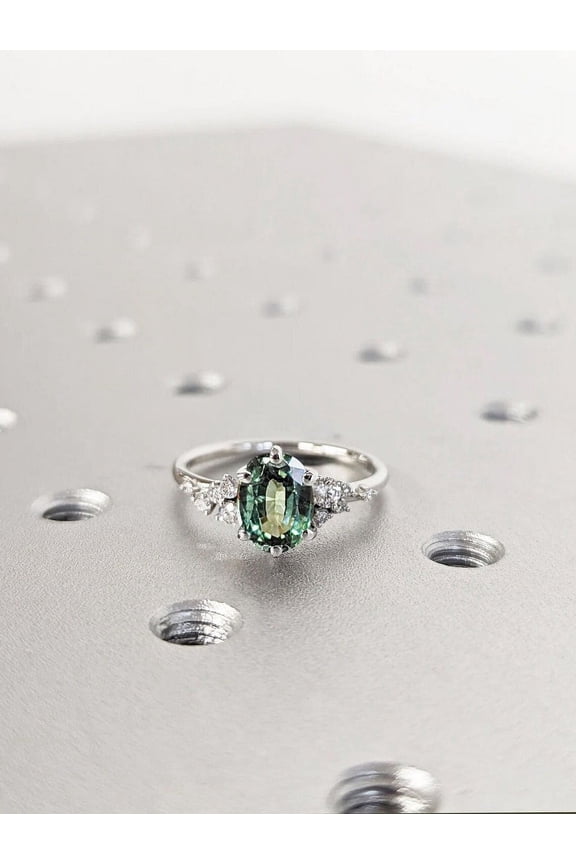 Teal sapphire ring wedding ring green round cut gemstone ring sterling silver ring