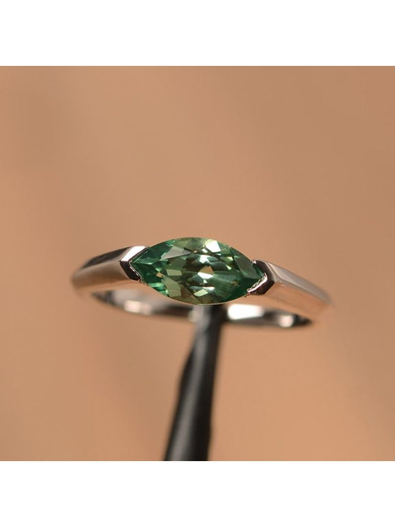 Teal sapphire solitaire wedding ring marquise cut east to west ring sterling silver