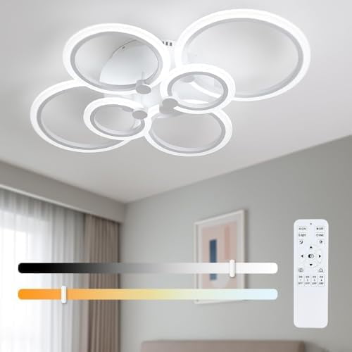 Tealigh Modern LED Ceiling Light, 31.8'' Dimmable 42W Flush Mount with Remote, 6 Rings White Acrylic Ceiling Fixture for Bedroom, Living Room, Dining Room, Kitchen$$Tools & Hardware Other