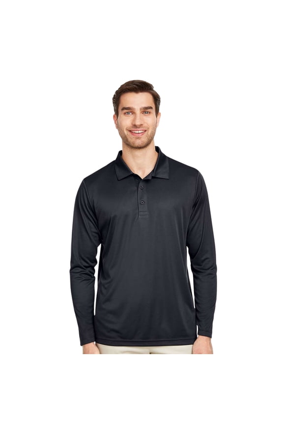 Men's Performance Long Sleeve Polo Shirts 100% Polyester Quick Dry Golf Tee Shirts (Black, XS)