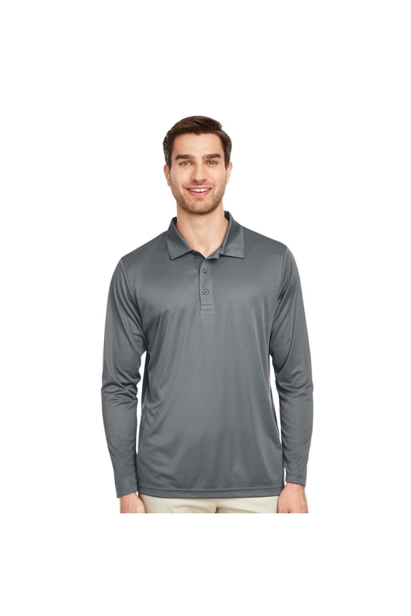 Team 365 Men's Performance Long Sleeve Polo Shirts 100% Polyester Quick Dry Golf Tee Shirts (Sport Graphite, L)