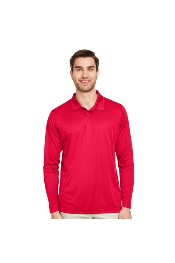 Men's Performance Long Sleeve Polo Shirts 100% Polyester Quick Dry Golf Tee Shirts (Sport Red, M)