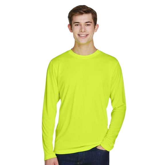 Team 365 Men's Zone Performance Long Sleeve T-Shirt, 100% Polyester Interlock Crewneck Tee Shirts (Safety Yellow , 4XL)
