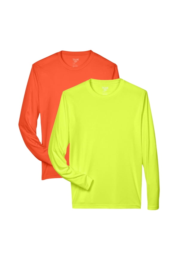 Men's Zone Performance Long Sleeve T-Shirt, 100% Polyester Interlock Crewneck Tee Shirts (Sport Orange+Safety Yellow 2 Pack, XL)