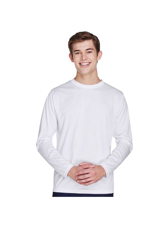 Men's Zone Performance Long Sleeve T-Shirt, 100% Polyester Interlock Crewneck Tee Shirts (White , 4XL)