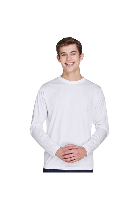 Men's Zone Performance Long Sleeve T-Shirt, 100% Polyester Interlock Crewneck Tee Shirts (White , 4XL)