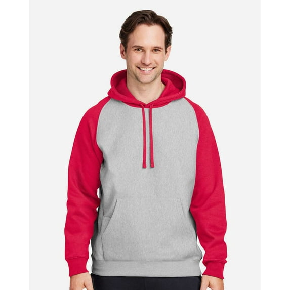 Team 365 TT96CB Unisex Zone HydroSport Heavyweight Colorblock Hooded Sweatshirt-ATH HTHR/ SP RED-L