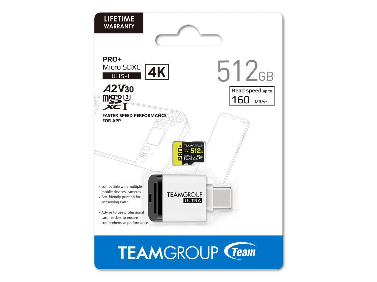 Team 512GB Pro+ microSDXC UHS-I/U3 Memory Card with Ultra CR I