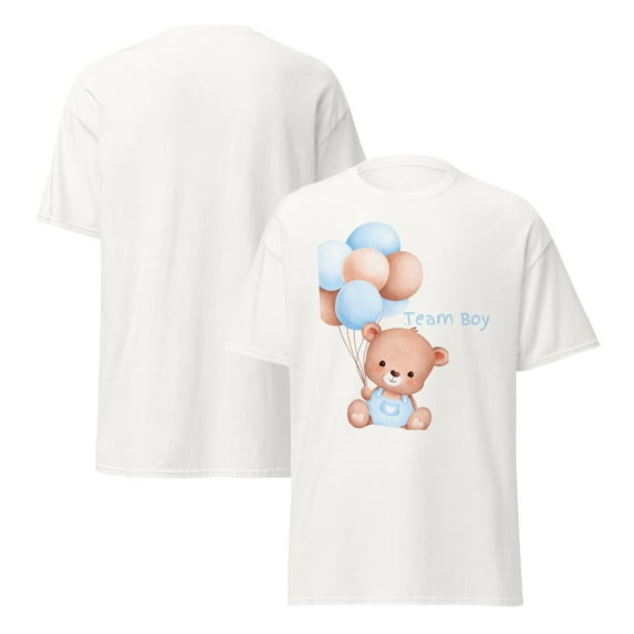 Team Body Gender Reveal T-shirt, Balloons, Teddy Bear, Baby Shower (White, M)