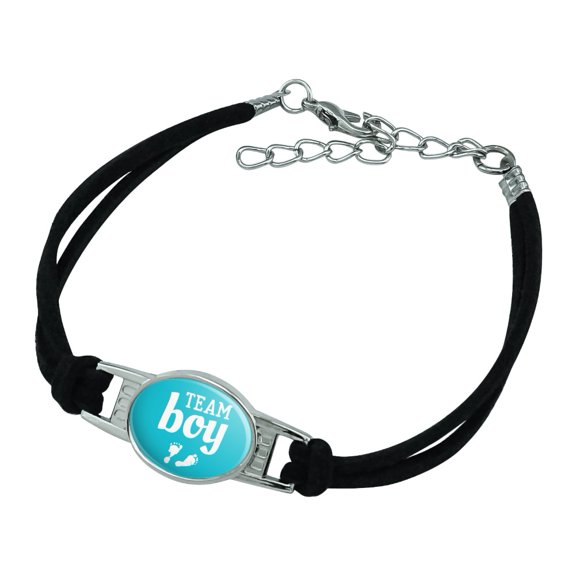Team Boy Baby Blue Footprints Novelty Suede Leather Metal Bracelet
