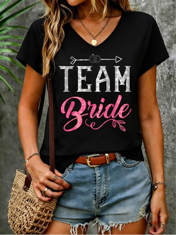 Team Bride - Bridal Party Bride Squad Wedding Party V Neck T-Shirt Cotton Women's V Neck Graphic Tee, Casual Short Sleeve Shirt,Vacation Outfit
