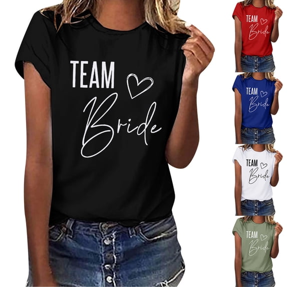 Team Bride Print T Shirt for Women Short Sleeve Crew Neck Tee Letter Print Summer Casual Tops Red XXL