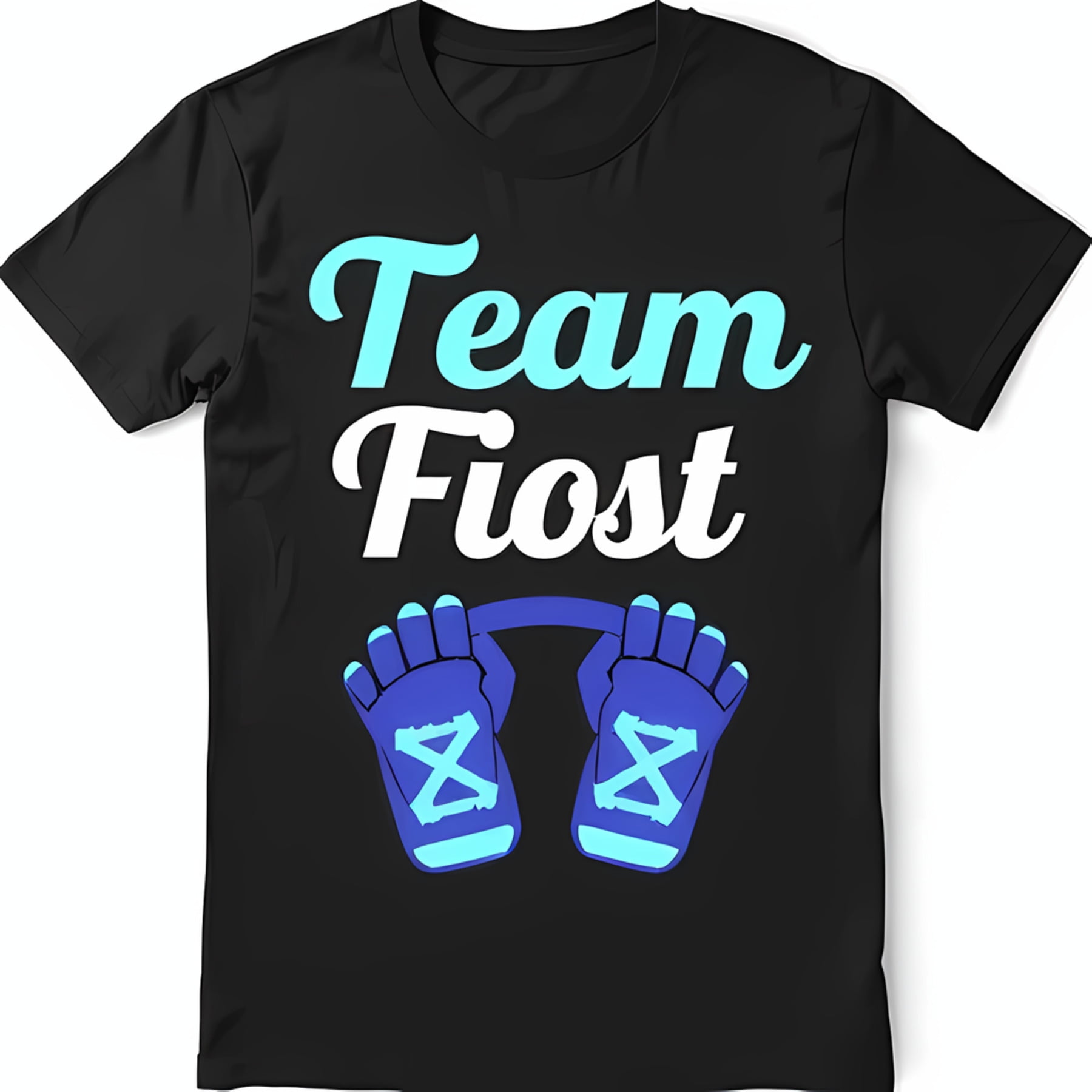Team Fios Black TShirt with Bold Blue & White Graphic and Boxing
