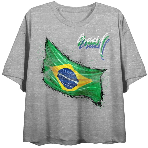 Team Gear Vintage Painted Brazil Flag Women's Athletic Heather Crew Neck Short Sleeve Crop Top-Medium