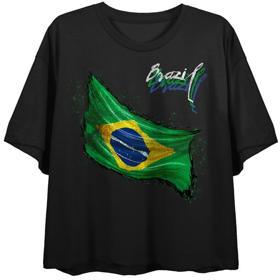 Team Gear Vintage Painted Brazil Flag Women's Black Crew Neck Short Sleeve Crop Top-XL