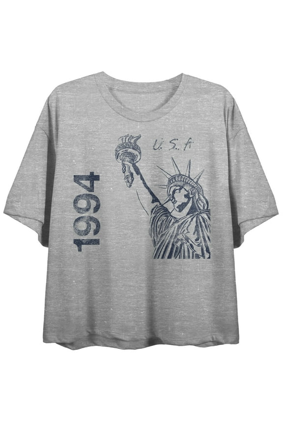 Vintage Statue Of Liberty USA 1994 Women's Athletic Heather Crew Neck Short Sleeve Crop Top-Medium