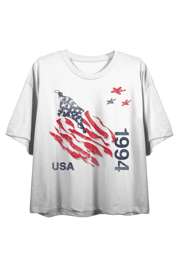 Vintage Tattered Flag USA 1994 Women's White Crew Neck Short Sleeve Crop Top -XS