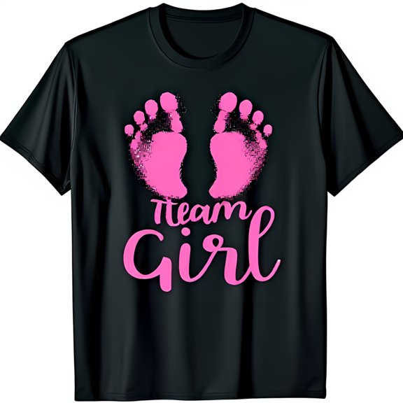 Team Girl Black T-Shirt with Pink Footprints Design Cute Tee
