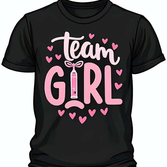 Team Girl Glitter Graphic Black T-Shirt with Pink & Hearts Design