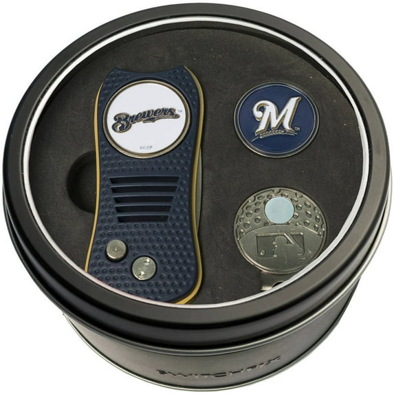 Team Golf MLB MILWAUKEE BREWERS Tin Gift Set with Retractable Divot Tool Cap Clip and Ball Marker