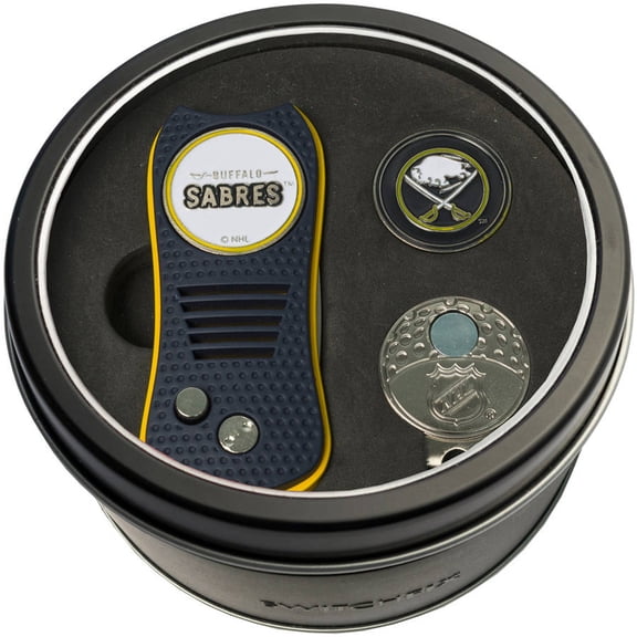 Team Golf Buffalo Sabres Retractable Divot Tool Tin Set with Cap Clip and Ball Marker