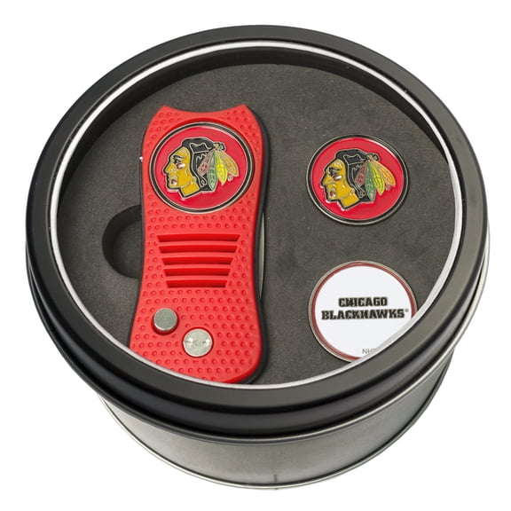 Team Golf Chicago Blackhawks Retractable Divot Tool Tin Set with Ball Markers