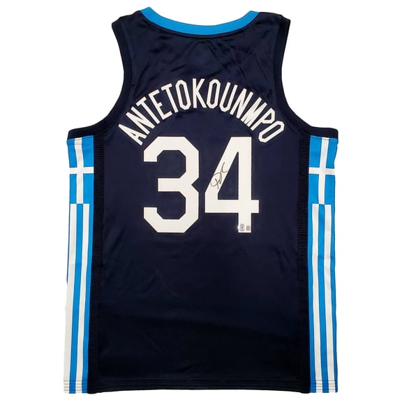 Team Greece Giannis Antetokounmpo Autographed Blue Nike Jersey Size L Beckett BAS QR 197444