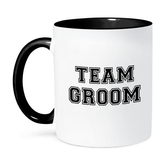 3dRose, Team Groom - black text on white - bachelor party stag night gifts - pre-wedding fun celebrations, 11oz Two-Tone Black Mug