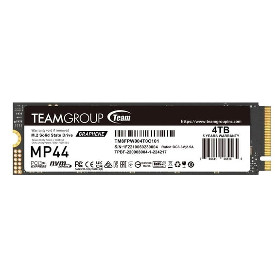 Team Group MP44 M.2 2280 4TB PCIe 4.0 x4 with NVMe Laptop & Desktop & NUC & NAS Internal Solid State Drive (SSD), (R/W Speed up to 7,400/6,900MB/s) TM8FPW004T0C101