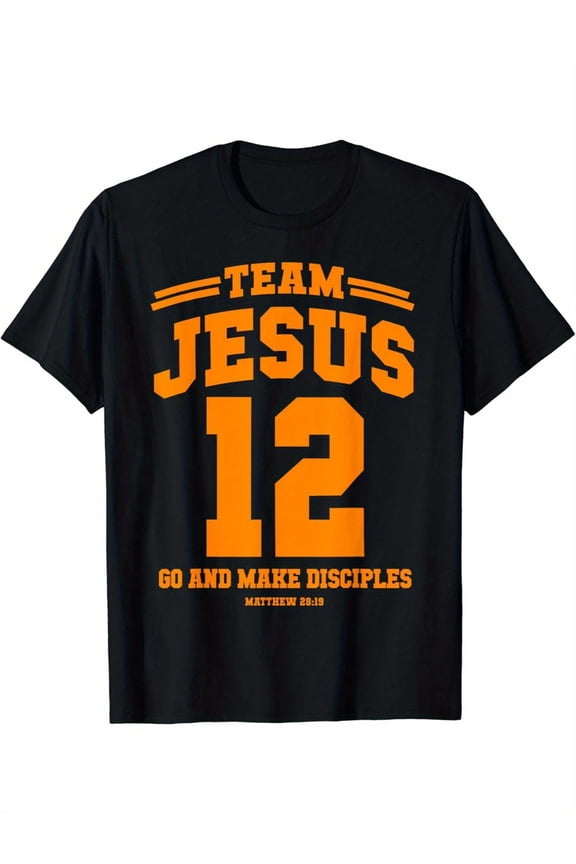 Team Jesus 12 Graphic T-Shirt - Men's Casual Cotton Tee with Inspirational Print, Short Sleeve, Round Neck, Black with Orange Design, Perfect Christian Gift for Discipleship