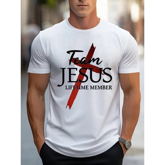 Team Jesus Graphic Print T-Shirt For Men Casual Short Sleeve Tee 1 Pcs 100% Cotton - Comfortable Crew Neck, Soft Adorable Tees Tops