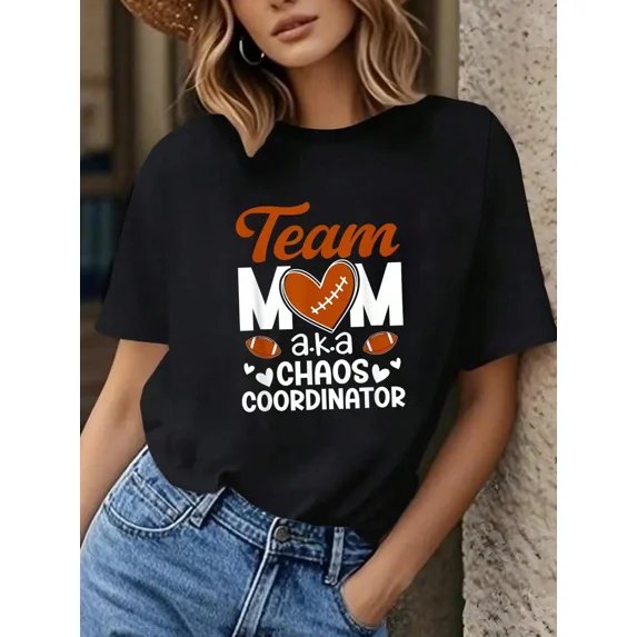 Team Mom Aka Chaos Coordinator Football Heart Vintage Grunge Y2K Short Sleeves Crewneck Cotton Men's Women's Tee Shirt