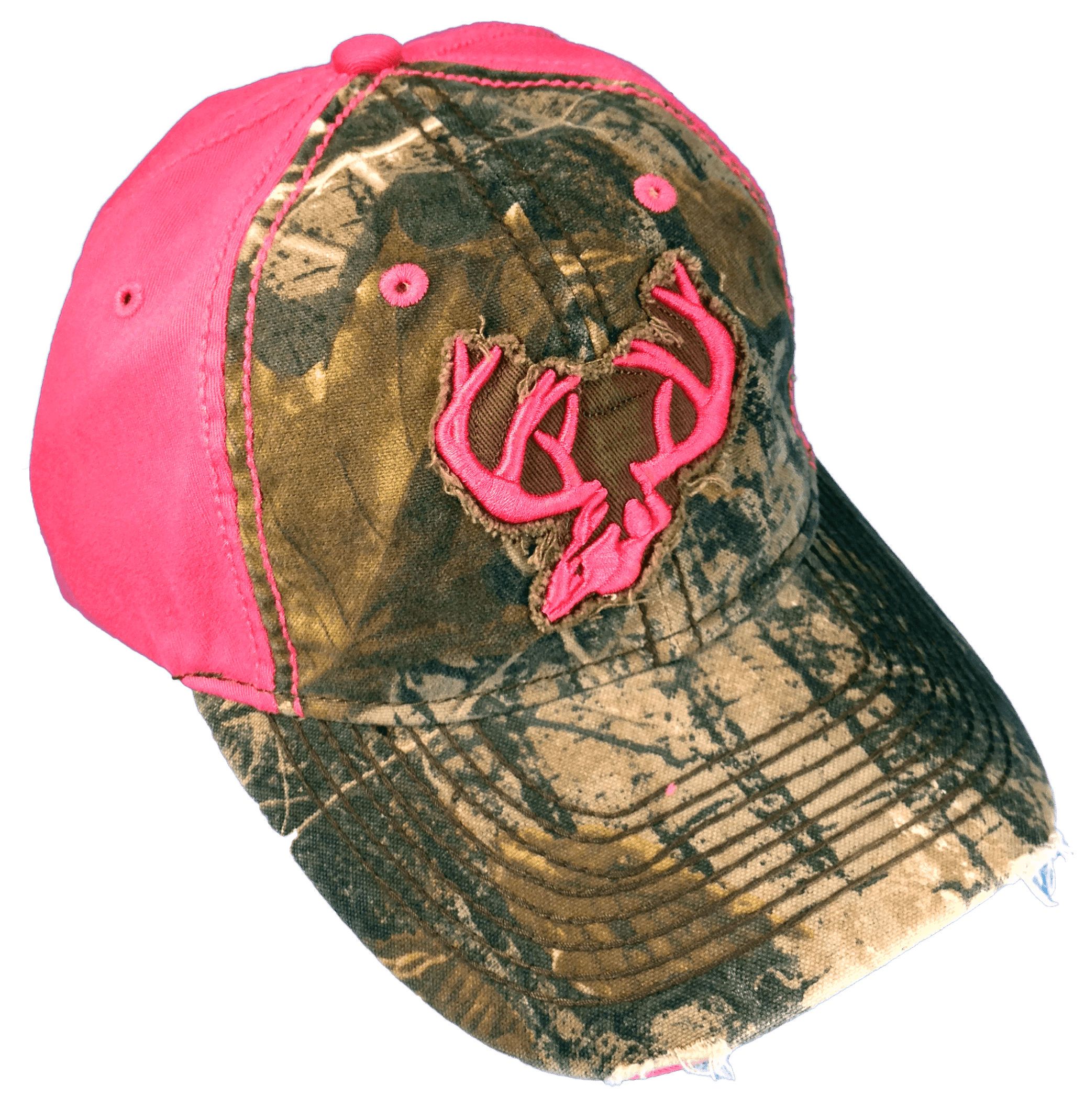 Team Realtree Woman s Camo Cap Pink Deer Horns and back with Real Tree Camo front