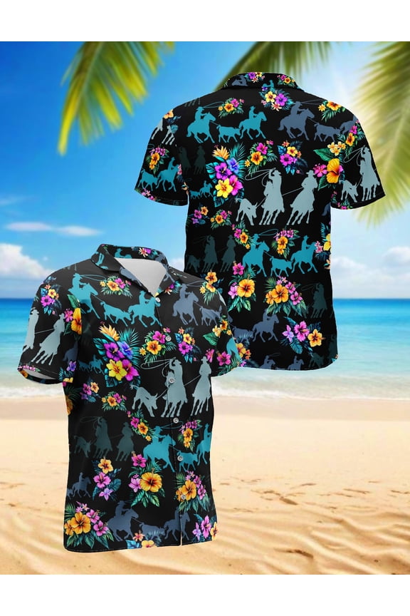 Team Roping Hawaiian Shirt for Men, Tropical Style, Button Down Summer Beach Short Sleeve, S-5XL