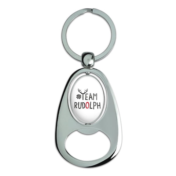 Team Rudolph Keychain Chrome Metal Spinning Oval Bottle Opener