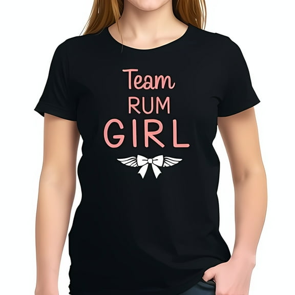 Team Rum Girl Cotton Short Sleeve T-Shirt - Playful Design with Whimsical Bow & Wings in Coral and White