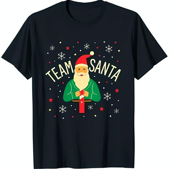 Team Santa Black T-Shirt with Fun Christmas Design Santa Claus with Candy Snowflakes & Stars