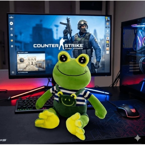 Team Spirit CS2 Coach Frog Gaming Plush Toy - 19-Inch Cute Esports Mascot Stuffed Animal Gamer Frog with Striped Shirt and Overalls