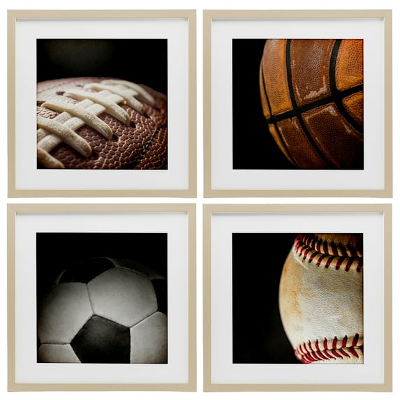 Stupell Industries Team Sports Balls Closeups 4 Piece Birch Framed Print Under Glass Set, design by Kim Allen, 13 x 13