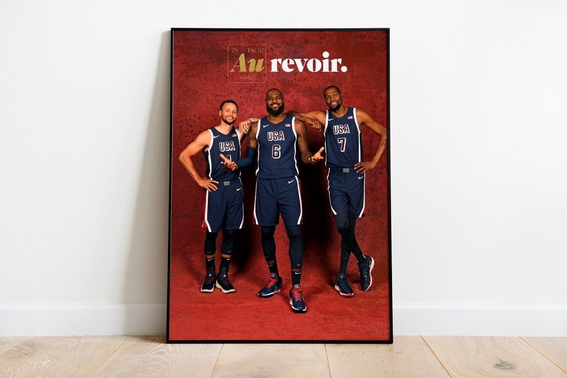 Team USA Mens Basketball Olympic 2024 Au Revoir Poster, LeBron James, Steph Curry, Kevin Durant