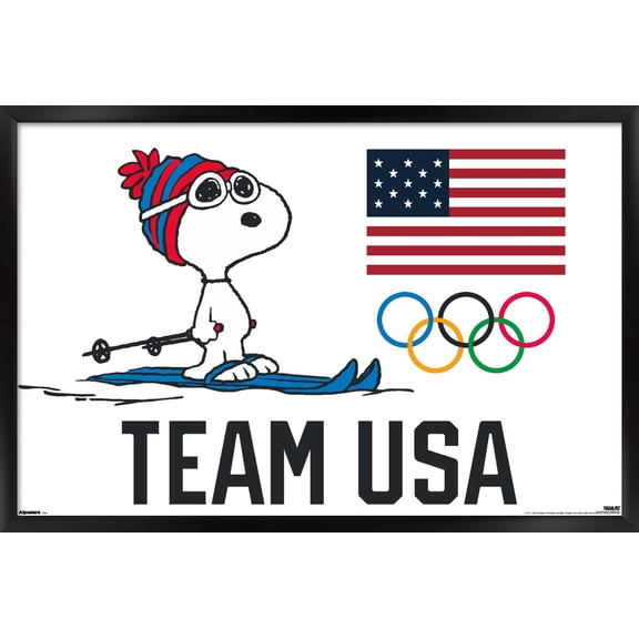 Team USA x Peanuts – Snoopy Cross-Country Skis Wall Poster, 22.375" x 34" Framed